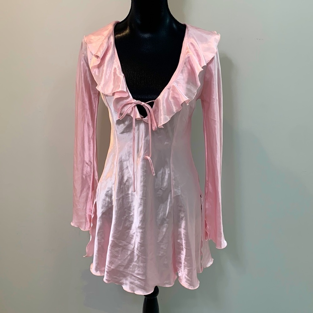 Pink Satin Plunge V Neck Ruffle Collar Nightie Lingerie Cosplay Mini Dress Small